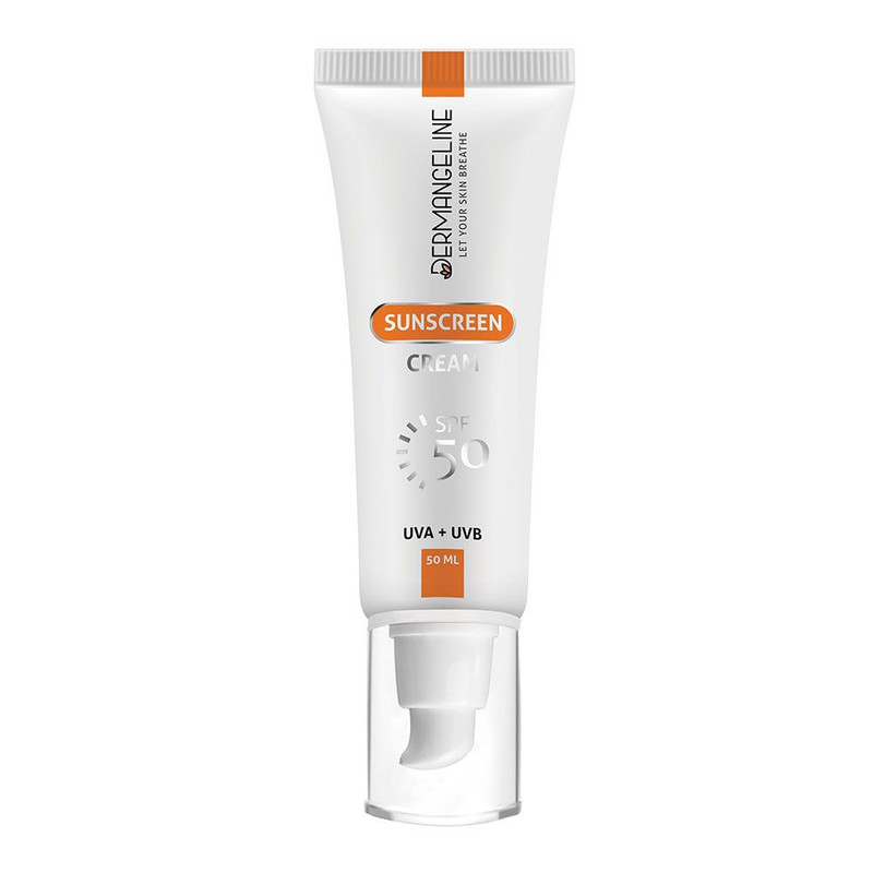 کرم ضد آفتاب بدون رنگ درمنجلین SPF 50 مدل UVA UVB ‌مناسب انواع پوست حجم 50 میلی‌لیتر