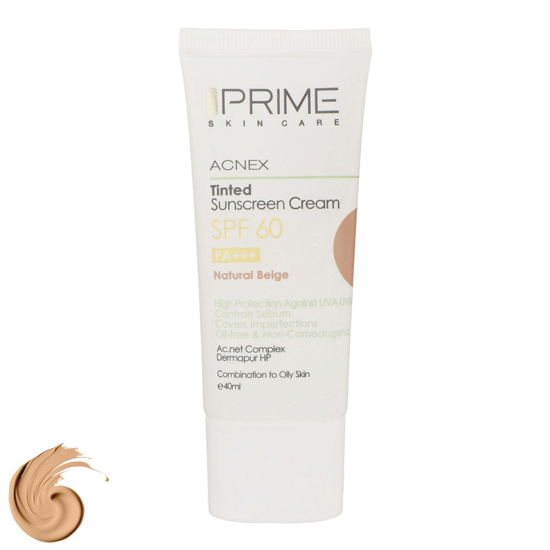 کرم ضدآفتاب رنگی پرایم مدل Acnex Beige SPF60، مناسب پوست‌های چرب، حجم 40 میلی‌لیتر