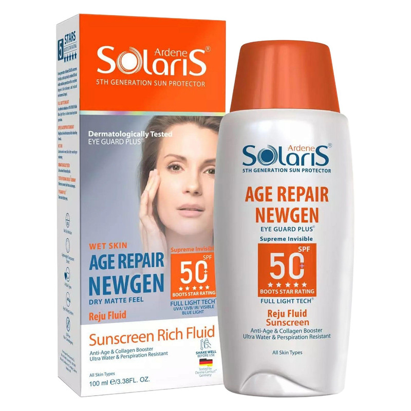 لوسیون ضد آفتاب بی‌رنگ آردن سولاریس، SPF 50، مدل Age Repair Newgen، مناسب انواع پوست با حجم 100 میلی لیتر، ضد آب و محافظت‌کننده در برابر اشعه‌های PA++++ ،UVA ،UVB، ضد پیری، دارای فرمولاسیون کلاژن، با ماندگاری ۲ ساعته
