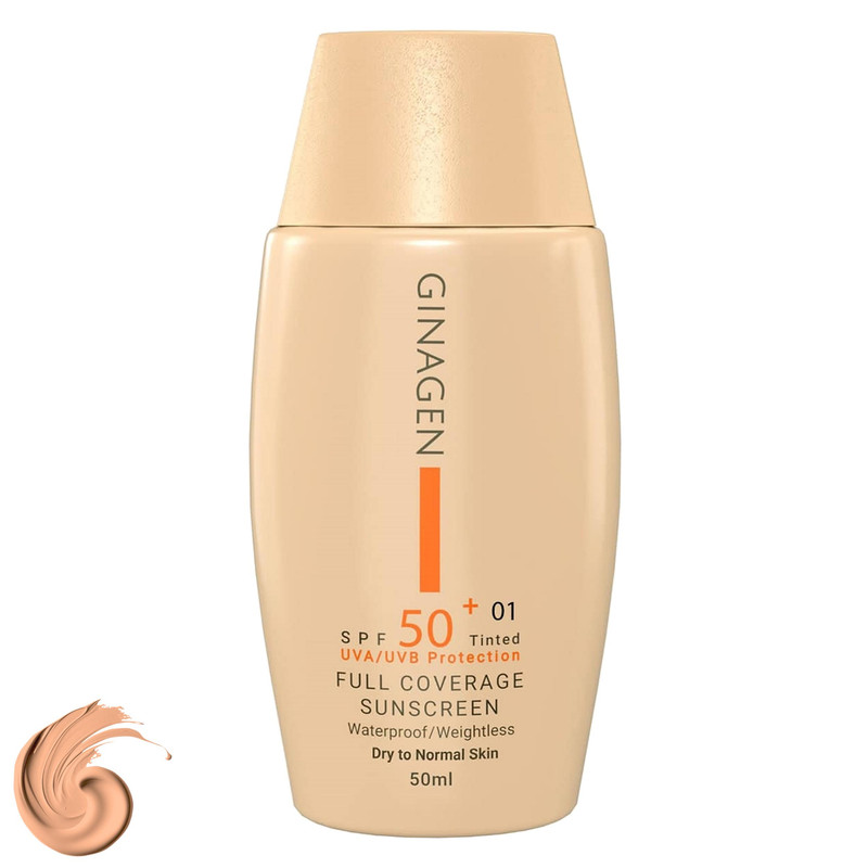 کرم ضد آفتاب رنگی ژیناژن، SPF 50، مدل 01، ‌مناسب پوست‌های خشک و نرمال با تنالیته متوسط و حجم 50 میلی‌لیتر، ضد آب، فاقد پارابن، محافظت‌کننده در برابر اشعه‌های UVA و UVB، ارای فرمولاسیون بدون الکل و گلیسیرین غنی شده با ویتامین‌ E، با ماندگاری 4 ساعته