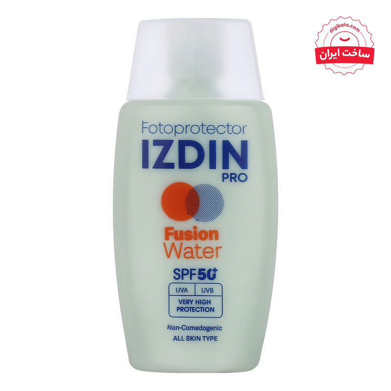 فلوئید ضد آفتاب بی‌رنگ صورت و گردن ایزدین پرو SPF 50 مدل Fusion Water ‌محافظ در برابر اشعه UVA و UVB مناسب برای انواع پوست حجم 50 میلی‌لیتر