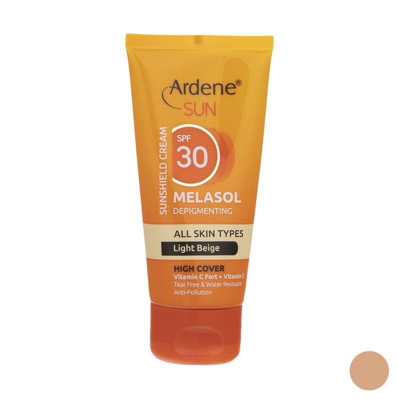 کرم ضد آفتاب رنگی آردن سان، SPF 30، مدل Light Beige، مناسب انواع پوست با تنالیته روشن و حجم 50 میلی‌لیتر، ضد آب، محافظت‌کننده در برابر اشعه‌های UVA و UVB، ضد لک، دارای فرمولاسیون ویتامین‌های C و E، با ماندگاری 2 ساعته
