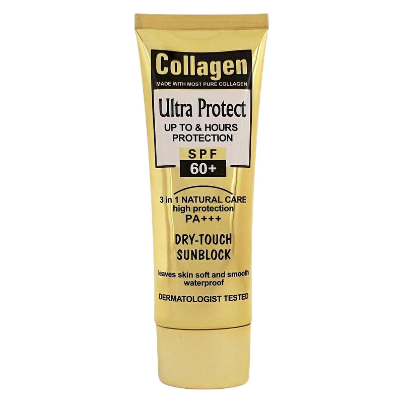 کرم ضد آفتاب بدون رنگ کلاژن، 60 SPF، مدل Ultra Protect، مناسب انواع پوست و حجم 130 میلی‌لیتر، محافظت کننده در برابر اشعه UVA و UVB، ضد آب، +++ PA، نرم کننده، روشن کننده پوست، مات کننده، با ماندگاری 2 ساعته