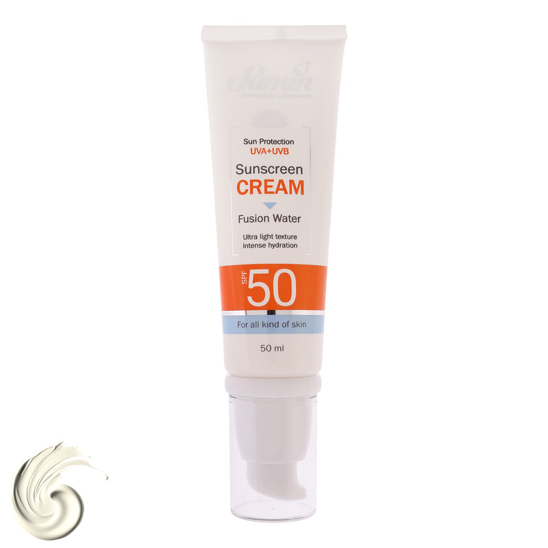 کرم ضد آفتاب بی‌رنگ دست و صورت ثمین SPF 50 مدل Fusion Water ‌محافظ UVA ، UVB مناسب برای انواع پوست حجم 50 میلی لیتر