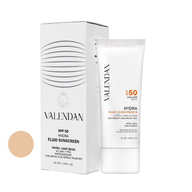 فلوئید ضد آفتاب رنگی صورت ولندان SPF 50 مدل HYD-LB محافظ UVA،UVB مناسب برای انواع پوست حجم 50 میلی لیتر