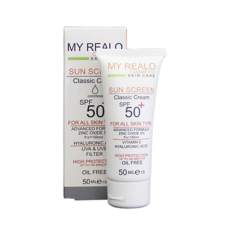کرم ضدآفتاب بی رنگ دست،صورت،گردن،بدن مایرئالو SPF 50 مدل کلاسیک محافظ در برابر اشعه UVA و UVB مناسب برای انواع پوست حجم ٥٠ میلی لیتر