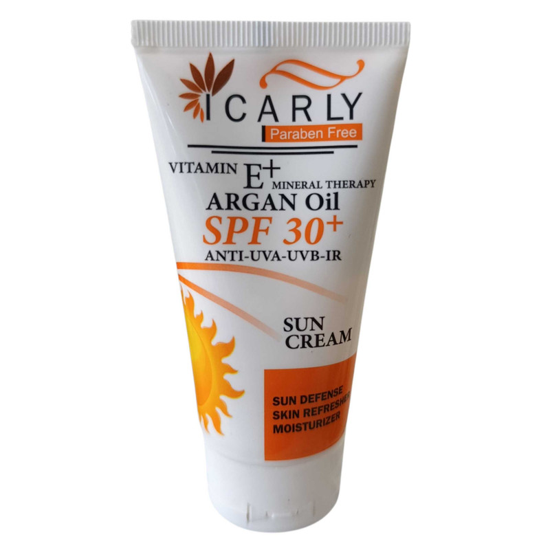 کرم ضد آفتاب بی‌رنگ صورت آی کارلی SPF ۳۰ مدل آرگان محافظ UVA و UVB مناسب برای انواع پوست حجم ۵۰ میلی‌لیتر