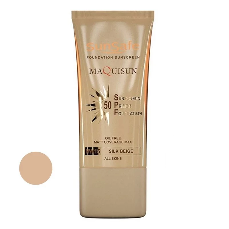 کرم ضدآفتاب رنگی سان سیف، 50 SPF، مدل MAQUISUN NW15 رنگ بژ ابریشمی، مناسب انواع پوست حجم 40 میلی‌لیتر