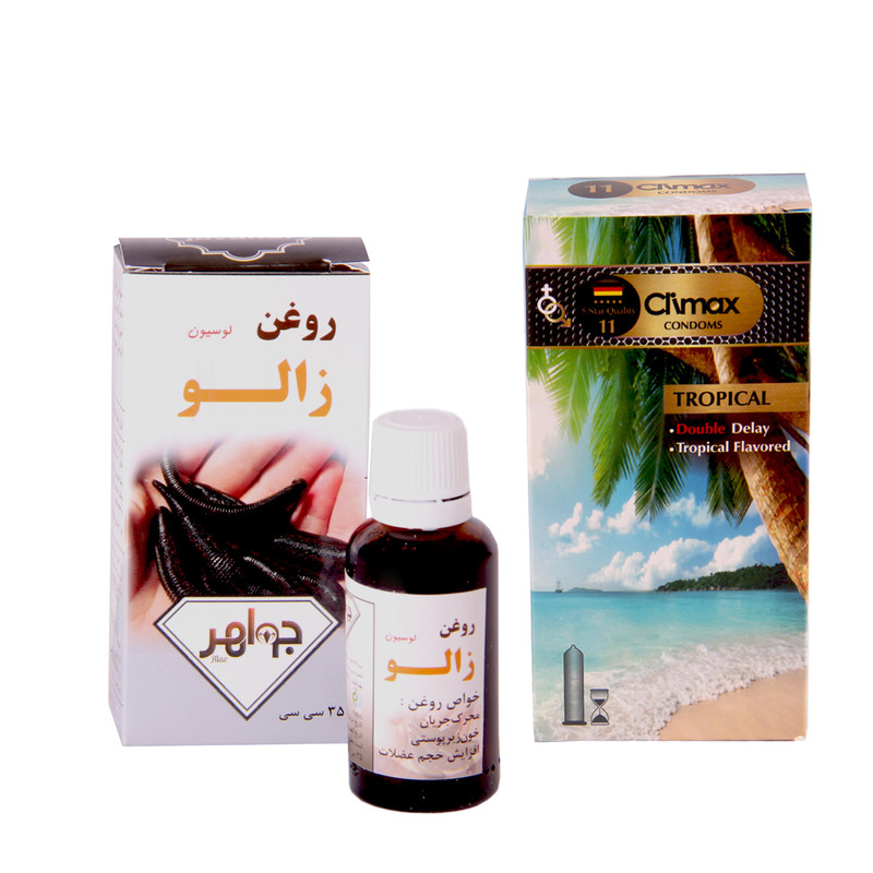 کاندوم کلایمکس مدل tropical 11 بسته 12 عددی به همراه روغن زالو جواهر کد 35 حجم 35 میلی لیتر
