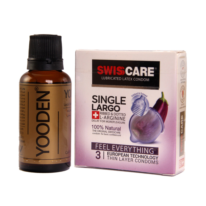 کاندوم سوئیس‌ کر مدل Single Largo بسته 3 عددی به همراه روغن یودن مدل AP 30 حجم 30 میلی لیتر