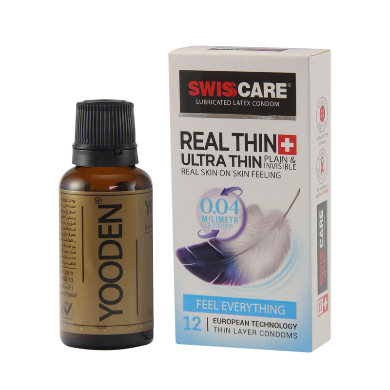 کاندوم سوئیس کر مدل Ultrathin بسته 12 عددی به همراه روغن یودن کد01 حجم 30 میلی لیتر