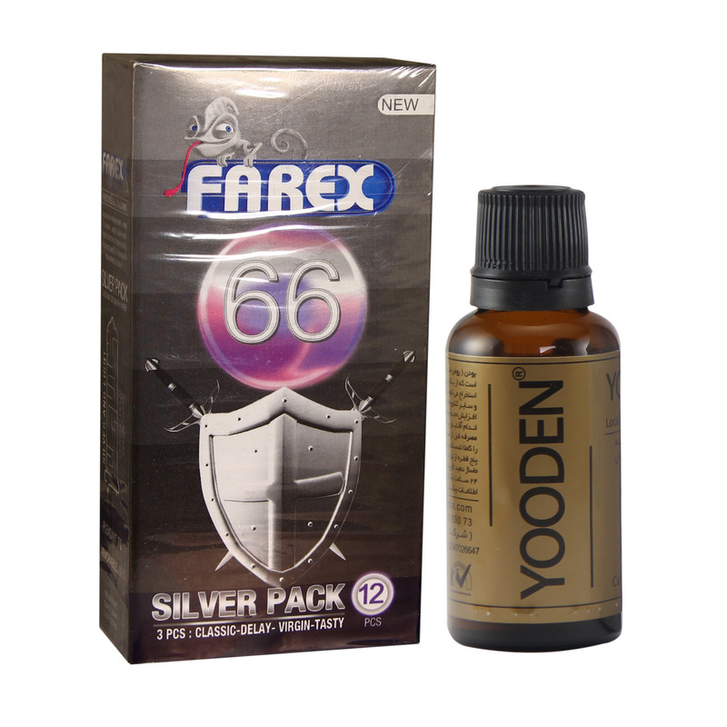 کاندوم فارکس مدل SILVER PACK 66 بسته 12 عددی به همراه روغن یودن کد 01 حجم 30 میلی لیتر