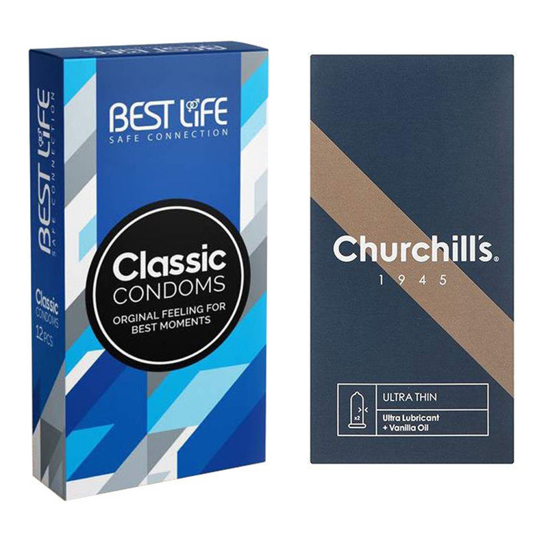 کاندوم چرچیلز مدل Ultra Thin بسته 12 عددی به همراه کاندوم بست لایف مدل Classic بسته 12 عددی