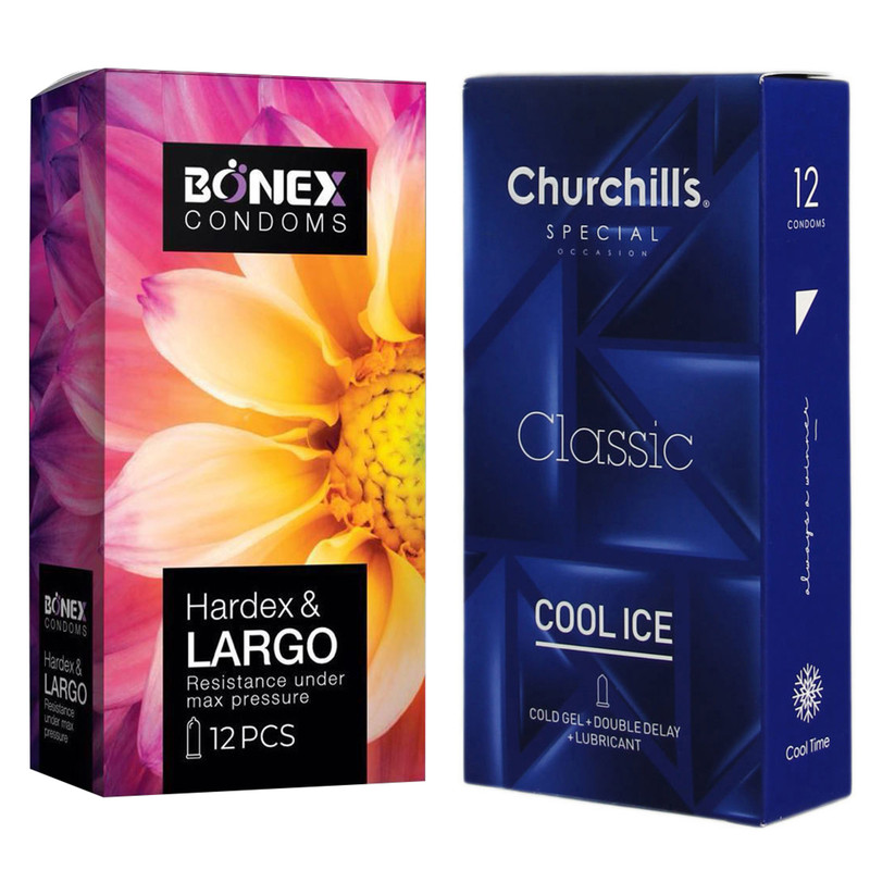 کاندوم چرچیلز مدل Cool Ice بسته 12 عددی به همراه کاندوم بونکس مدل Hardex & Largo بسته 12 عددی