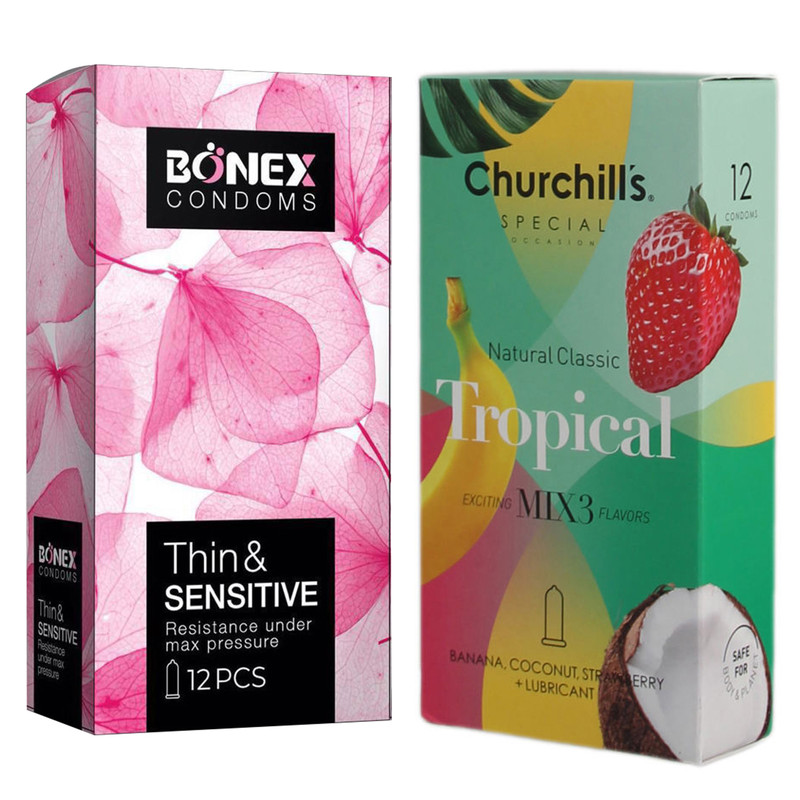کاندوم چرچیلز مدل Tropical بسته 12 عددی به همراه کاندوم بونکس مدل Thin & Sensitive بسته 12 عددی