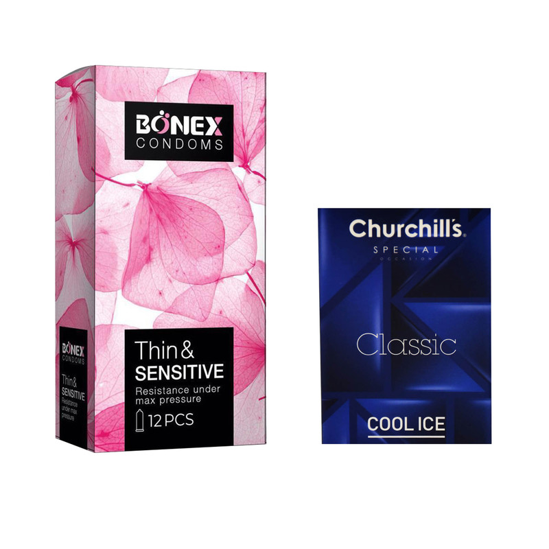 کاندوم بونکس مدل Thin & Sensitive بسته 12 عددی به همراه کاندوم چرچیلز مدل Cool Ice بسته 3 عددی