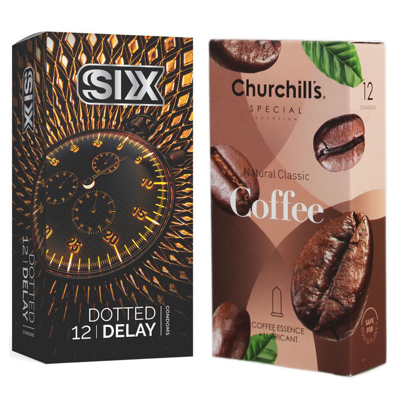 کاندوم چرچیلز مدل Coffee بسته 12 عددی به همراه کاندوم سیکس مدل تاخیری بسته 12 عددی