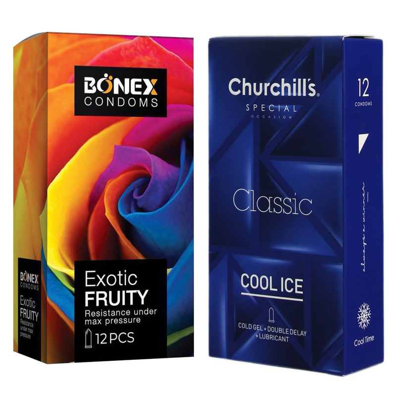 کاندوم چرچیلز مدل Cool Ice بسته 12 عددی به همراه کاندوم بونکس مدل Exotic Fruity بسته 12 عددی