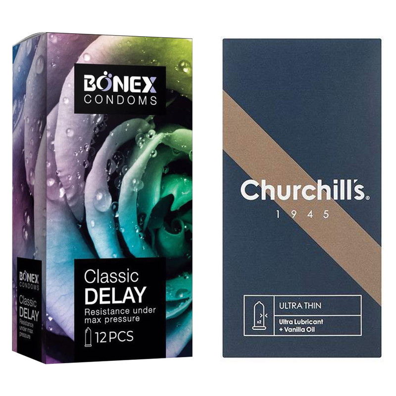 کاندوم چرچیلز مدل Ultra Thin بسته 12 عددی به همراه کاندوم بونکس مدل Classic Delay بسته 12 عددی