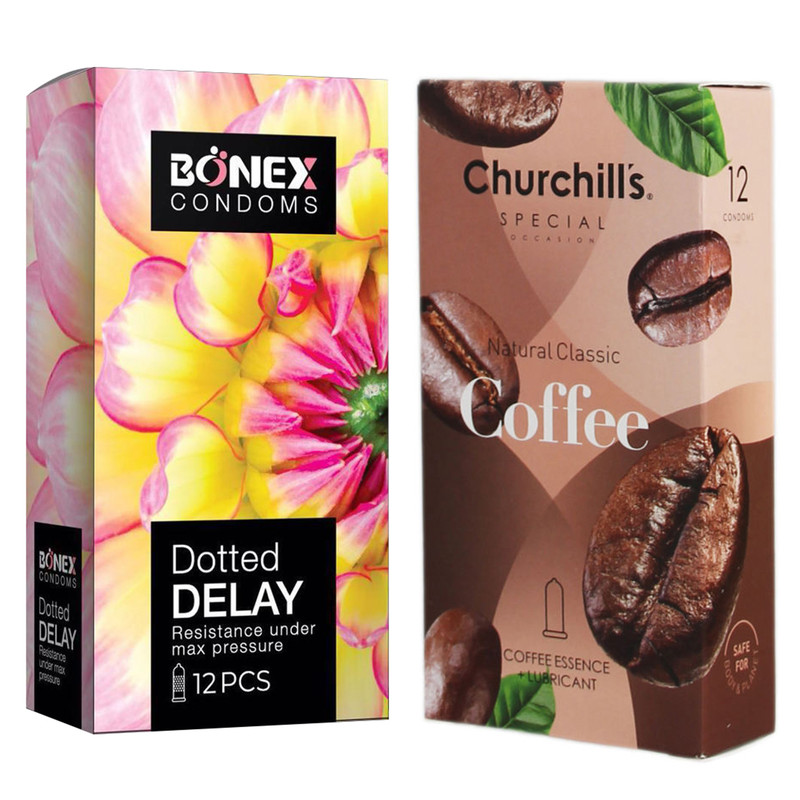 کاندوم چرچیلز مدل coffee بسته 12 عددی به همراه کاندوم بونکس مدل Dotted Delay بسته 12 عددی