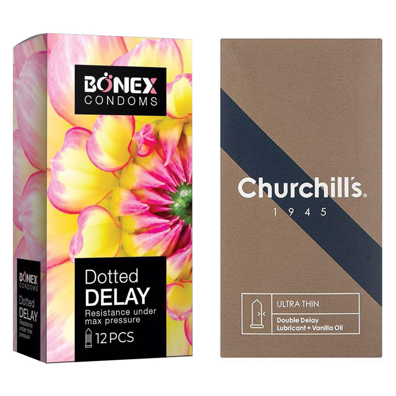 کاندوم چرچیلز مدل Ultra Thin Double Delay بسته 12 عددی به همراه کاندوم بونکس مدل Dotted Delay بسته 12 عددی